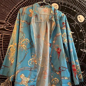 Blue Button Up w/ Red and Gold Decals / Size: L